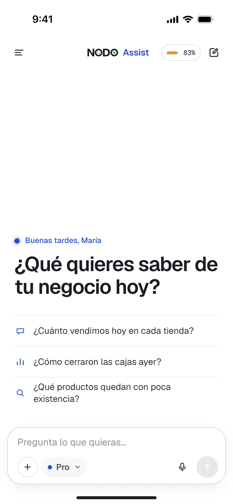 Pantalla de inicio de Nodo Assist en el celular: «¿Qué quieres saber de tu negocio hoy?» con preguntas sugeridas