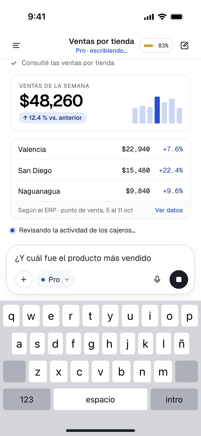 Nodo Assist en el celular: respuesta con las ventas de la semana y una tabla por tienda